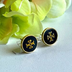 Tory Burch Black and Gold Logo Stud Earrings